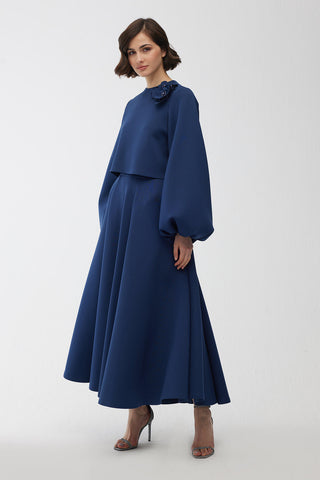 Brooch Detailed Balloon Sleeve Blouse Night Blue