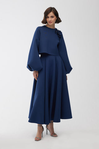 Brooch Detailed Balloon Sleeve Blouse Night Blue