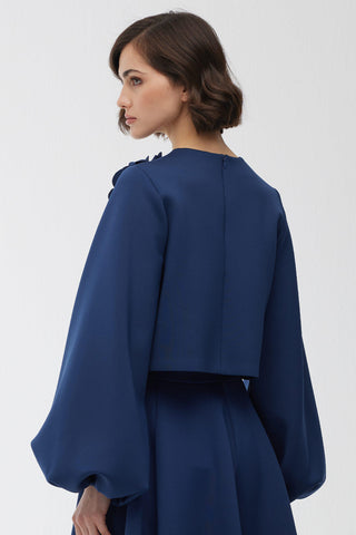 Brooch Detailed Balloon Sleeve Blouse Night Blue