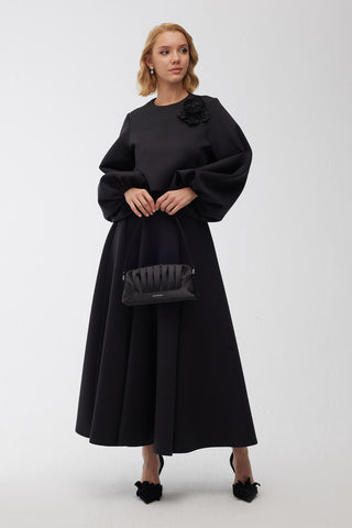 Brooch Detailed Balloon Sleeve Blouse Black