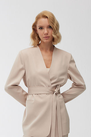 Collarless Belted Satin Blazer Beige