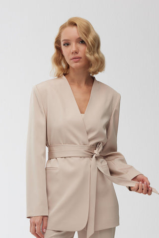 Collarless Belted Satin Blazer Beige