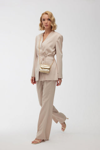 Collarless Belted Satin Blazer Beige