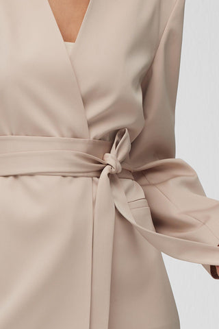 Collarless Belted Satin Blazer Beige