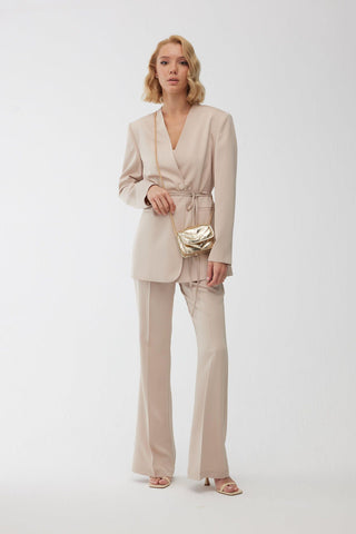 Collarless Belted Satin Blazer Beige