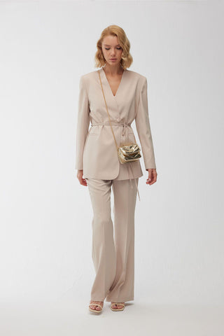 Collarless Belted Satin Blazer Beige