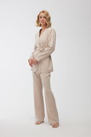 Collarless Belted Satin Blazer Beige