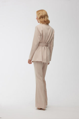 Collarless Belted Satin Blazer Beige