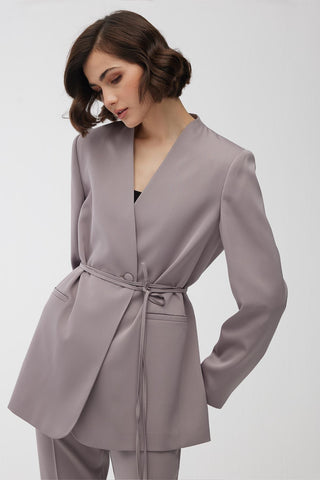 Collarless Belted Satin Blazer Grey