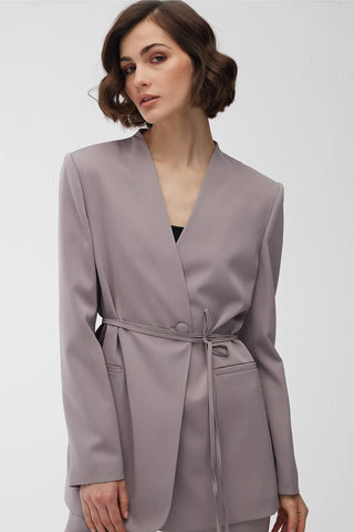 Collarless Belted Satin Blazer Grey