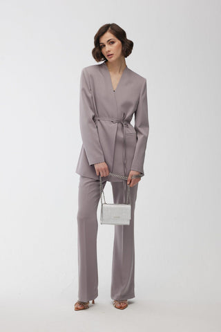 Collarless Belted Satin Blazer Grey