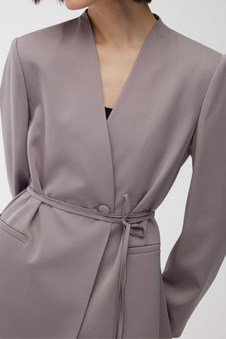 Collarless Belted Satin Blazer Grey