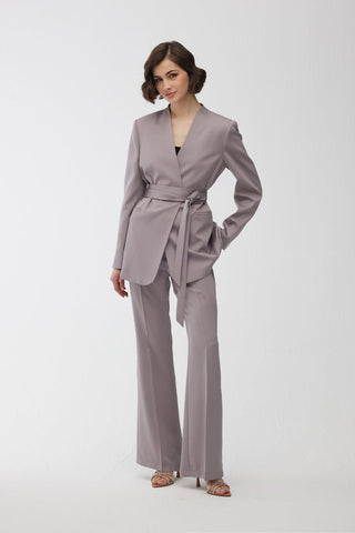 Collarless Belted Satin Blazer Grey