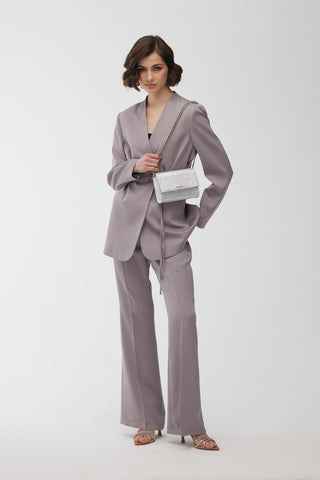 Collarless Belted Satin Blazer Grey