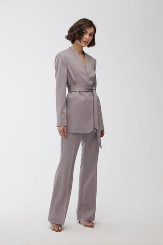 Collarless Belted Satin Blazer Grey