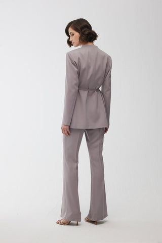 Collarless Belted Satin Blazer Grey