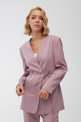 Collarless Belted Satin Blazer Dusty Rose