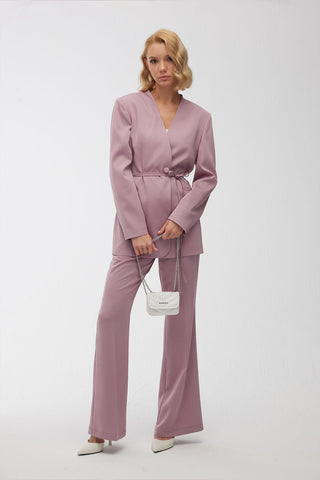 Collarless Belted Satin Blazer Dusty Rose