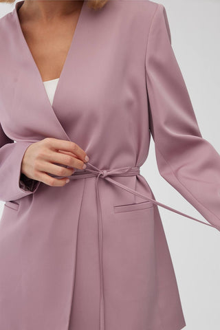 Collarless Belted Satin Blazer Dusty Rose