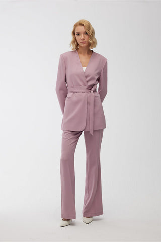 Collarless Belted Satin Blazer Dusty Rose