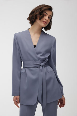 Collarless Belted Satin Blazer Blue