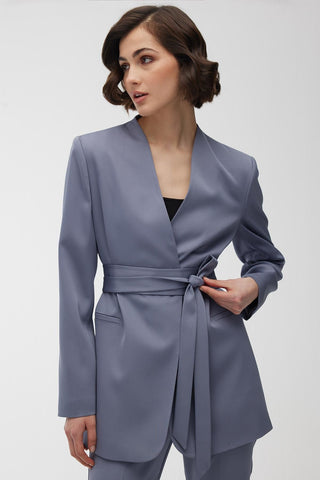 Collarless Belted Satin Blazer Blue