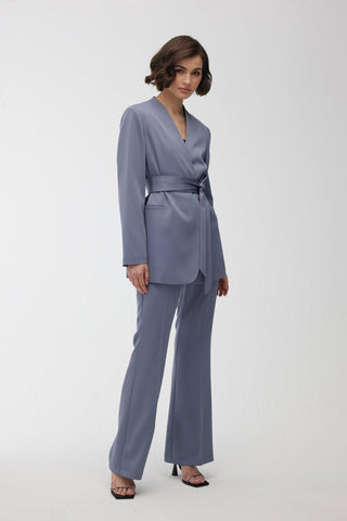 Collarless Belted Satin Blazer Blue