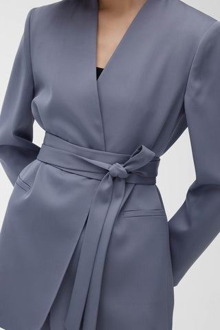 Collarless Belted Satin Blazer Blue