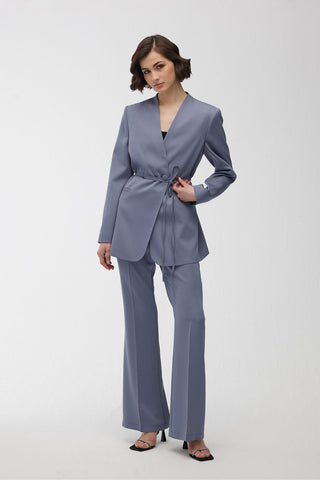 Collarless Belted Satin Blazer Blue