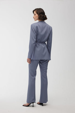 Collarless Belted Satin Blazer Blue