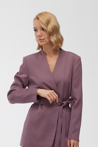 Collarless Belted Satin Blazer Purple