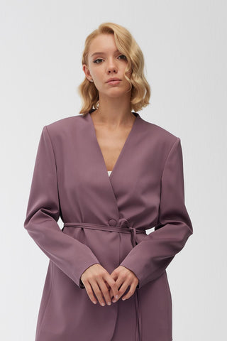 Collarless Belted Satin Blazer Purple