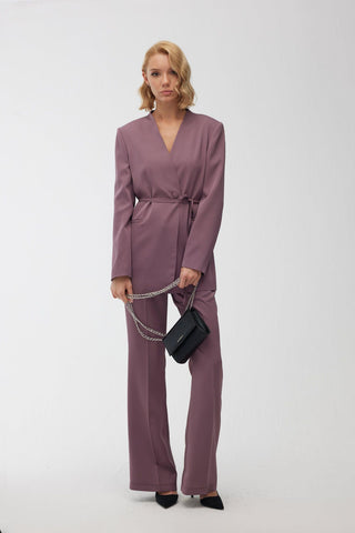 Collarless Belted Satin Blazer Purple