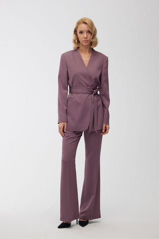 Collarless Belted Satin Blazer Purple