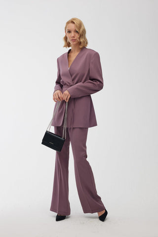 Collarless Belted Satin Blazer Purple