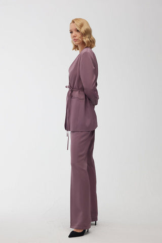 Collarless Belted Satin Blazer Purple