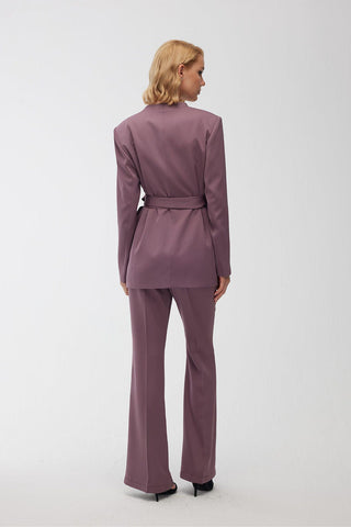 Collarless Belted Satin Blazer Purple