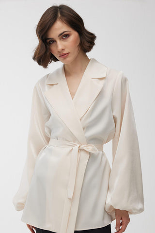 Satin Double-Breasted Kimono With Wide Collar Pearl