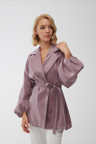 Satin Double-Breasted Kimono With Wide Collar Lavender