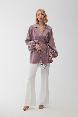 Satin Double-Breasted Kimono With Wide Collar Lavender