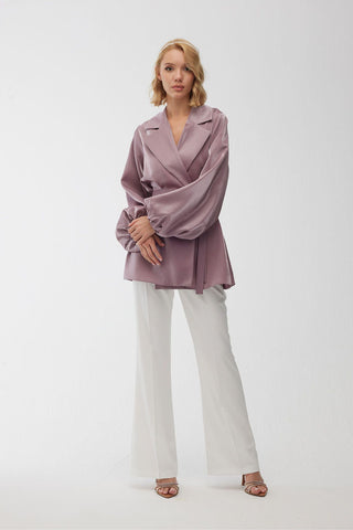 Satin Double-Breasted Kimono With Wide Collar Lavender