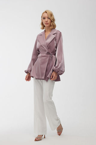 Satin Double-Breasted Kimono With Wide Collar Lavender