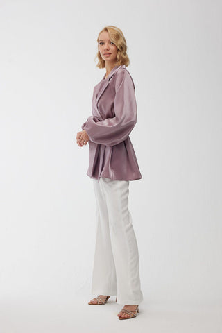 Satin Double-Breasted Kimono With Wide Collar Lavender