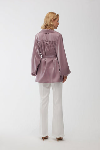 Satin Double-Breasted Kimono With Wide Collar Lavender