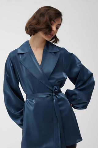 Satin Double-Breasted Kimono With Wide Collar Blue