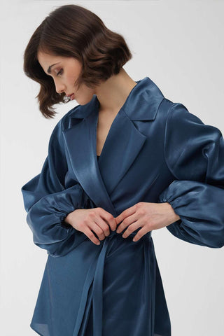 Satin Double-Breasted Kimono With Wide Collar Blue