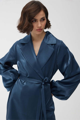 Satin Double-Breasted Kimono With Wide Collar Blue