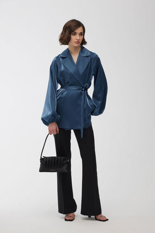 Satin Double-Breasted Kimono With Wide Collar Blue