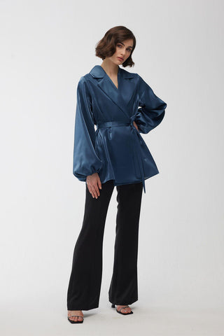 Satin Double-Breasted Kimono With Wide Collar Blue