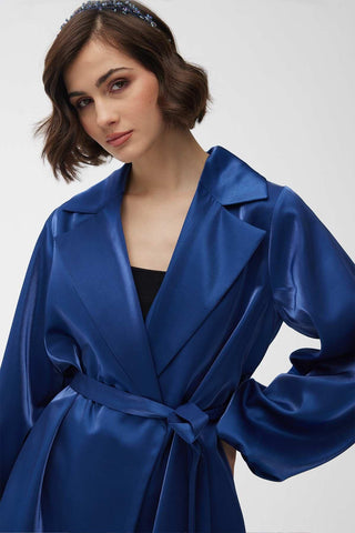 Satin Double-Breasted Kimono With Wide Collar Night Blue